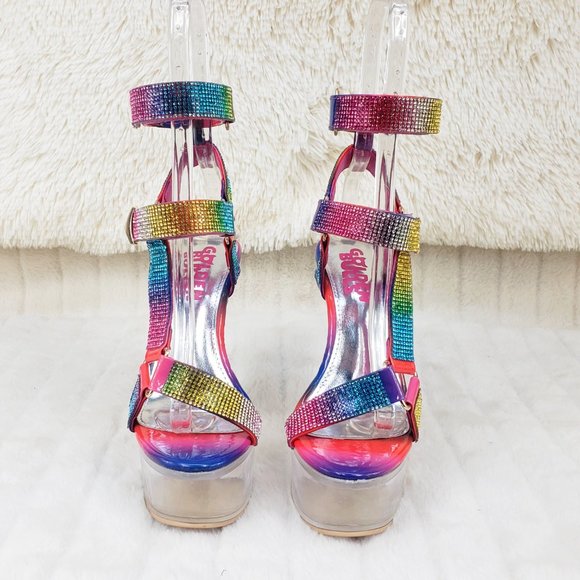 Bulls Rainbow Rhinestone Harness Strap Clear Platform Heels - Picture 12 of 16